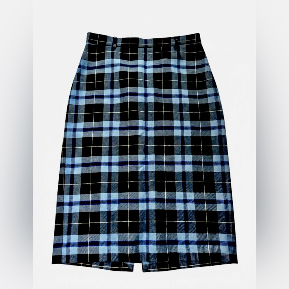 Zara Wool Blend Classic Blue & Black Plaid High-Waisted Midi Pencil Skirt